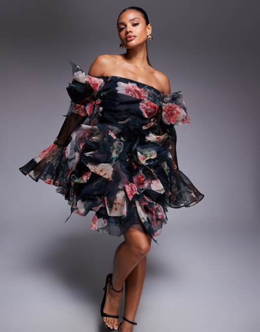 ASOS LUXE - Robe courte imprimée en organza à fleurs avec encolure Bardot, 3 de 4