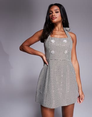 ASOS LUXE - Robe courte motif pied-de-poule à sequins, dos nu et boutons ornementés - Chocolat-Marron