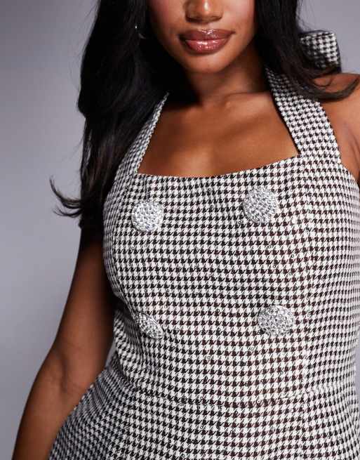 ASOS LUXE - Robe courte motif pied-de-poule à sequins, dos nu et boutons ornementés - Chocolat, 3 de 4