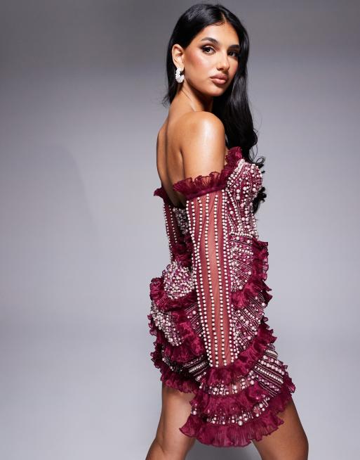 ASOS LUXE - Robe courte ornée de pierres avec ourlet festonné et épaules dénudées - Bordeaux, 4 de 4