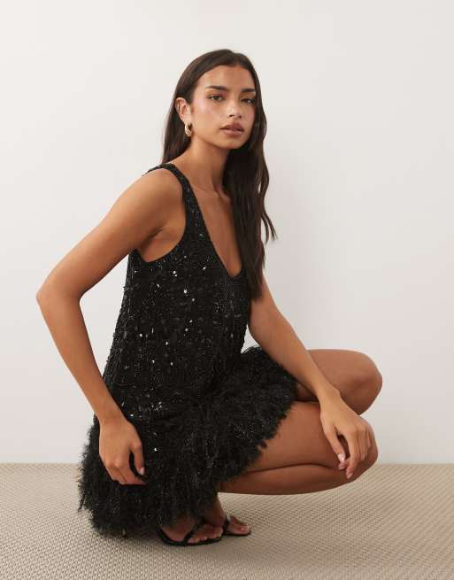ASOS LUXE - Robe courte ornementée à encolure dégagée et ourlet à fausses plumes - Noir, 4 de 4