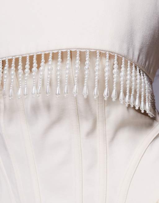 ASOS LUXE - Robe courte style corset en lin avec détails sculptés et perles nacrées - Crème, 4 de 4