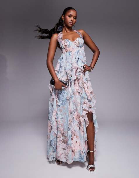 ASOS LUXE - Robe dos nu longue en dentelle avec imprimé fleurs et volants en cascade - view 1