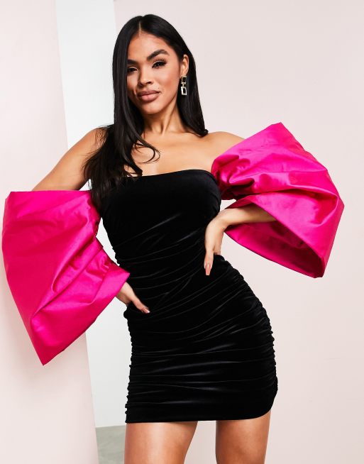 ASOS LUXE - Robe en velours avec manches surdimensionnées en satin - Noir et rose, 3 de 4