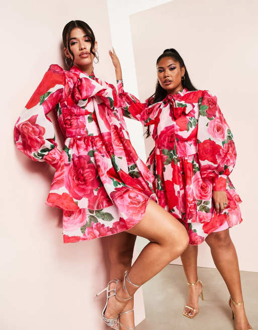 ASOS LUXE Robe fluide courte en mousseline imprim floral avec n ud lavalli re