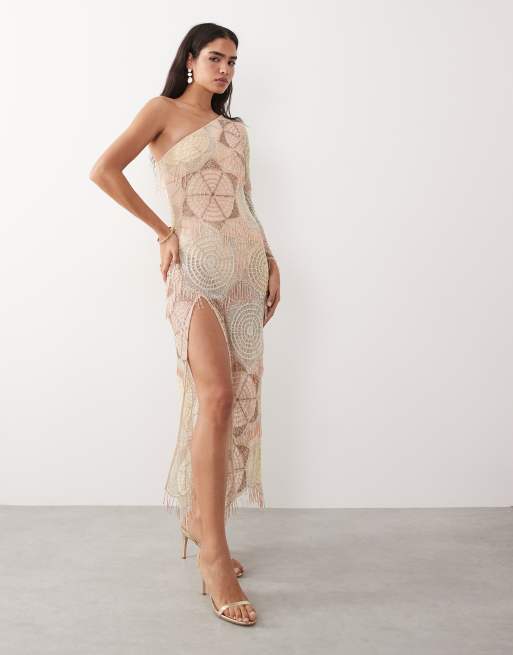 ASOS LUXE - Robe longue asymétrique fendue en crochet à perles - Pastel, 2 de 4