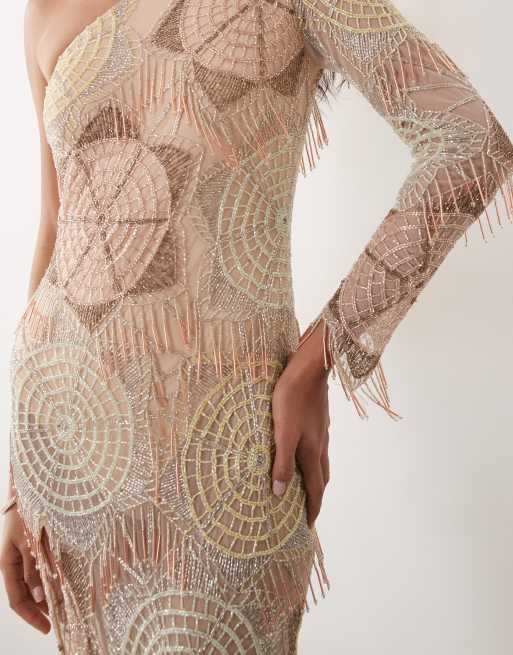 ASOS LUXE - Robe longue asymétrique fendue en crochet à perles - Pastel, 3 de 4
