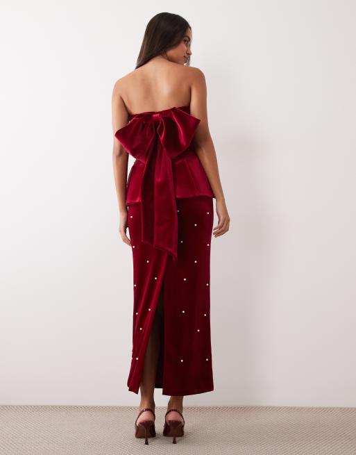 ASOS LUXE robe longue bandeau en velours ornée de perles avec fente bordeaux, 4 de 4