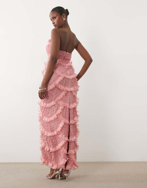 ASOS LUXE robe longue bandeau ornée de strass avec ourlet festonné rose, 3 de 4