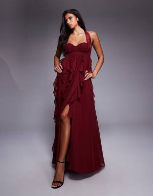 ASOS LUXE - Robe longue dos nu à volants effet cascade - Baie-Rouge