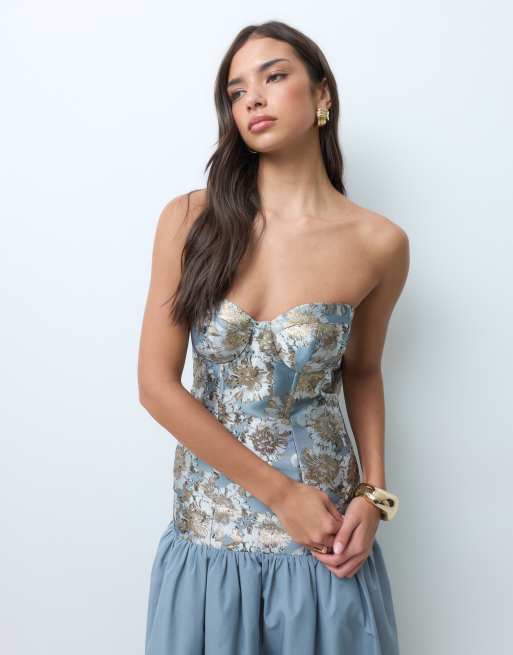 ASOS LUXE robe longue en jacquard à corsage, taille basse, avec nœud au dos, en jacquard bleu, 3 de 5