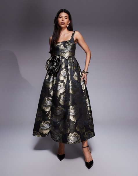 ASOS LUXE - Robe longue en jacquard avec grosse fleur en relief - Noir/doré - view 1