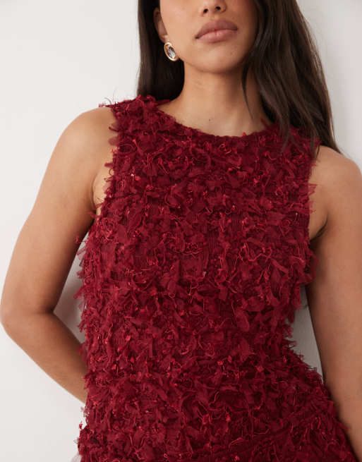 ASOS LUXE robe longue en maille duveteuse avec corsage et jupe en mousseline bordeaux, 3 de 4