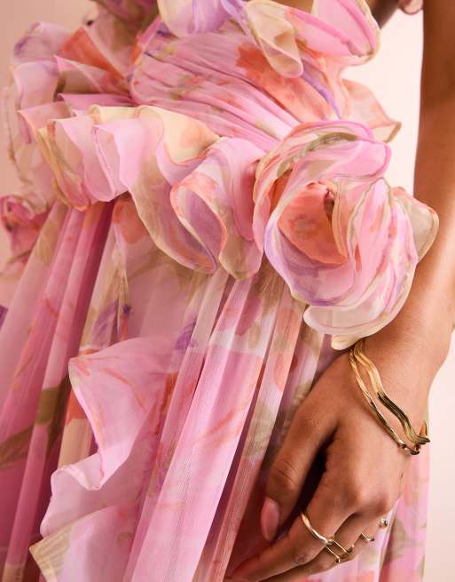 ASOS LUXE - Robe longue en mousseline à décolleté plongeant avec volants et dos ouvert - Rose fleuri, 4 de 4