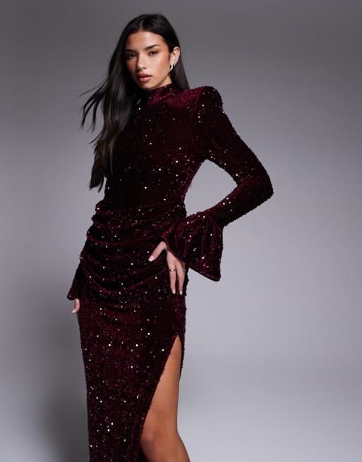 ASOS LUXE - Robe longue en velours et sequins à taille drapée - bordeaux, 3 de 4