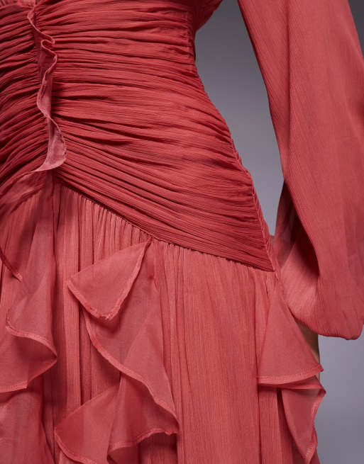 ASOS LUXE - Robe longue froncée à manches longues avec détail effet cascade - Rose décoloré, 4 de 4