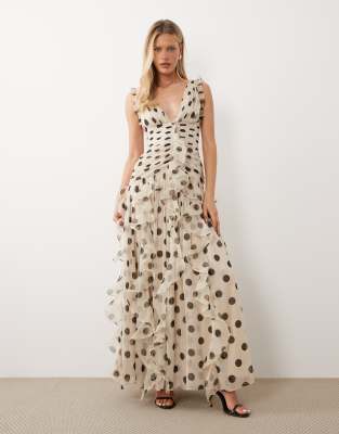 Robe longue froncée à pois avec détail effet cascade - Marron-Multicolore 42