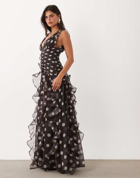 ASOS LUXE robe longue froncée avec détail cascade à pois chocolat - view 1