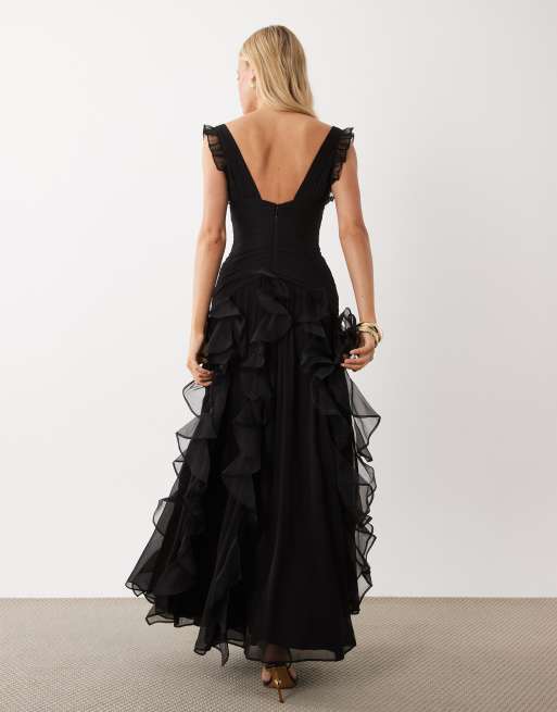 ASOS LUXE robe longue froncée avec détail cascade en noir, 2 de 4