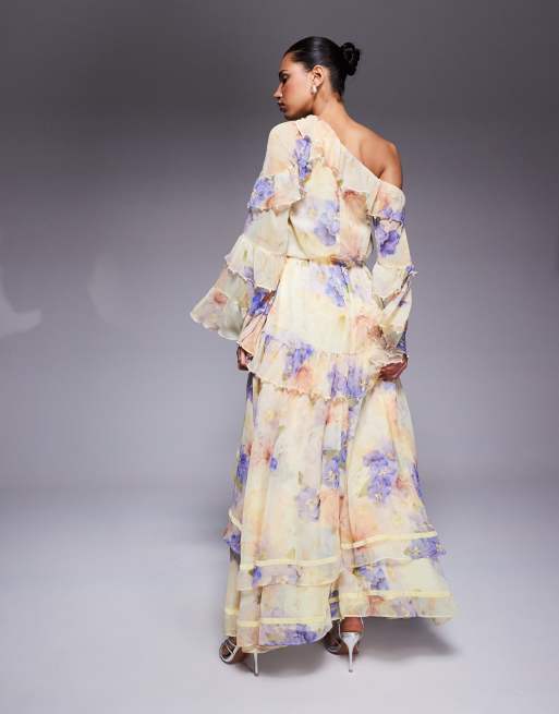 ASOS LUXE - Robe longue ornée de perles en mousseline à imprimé fleuri - Babeurre, 3 de 4