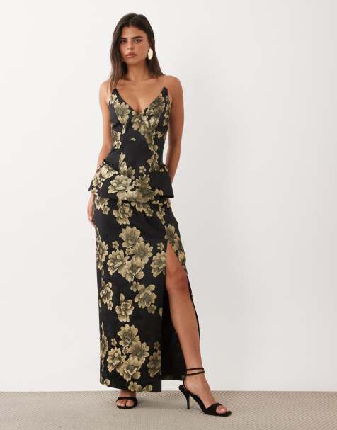 ASOS LUXE robe midi jacquard noire et dorée - view 1