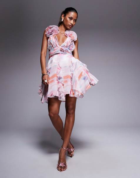ASOS LUXE - Robe patineuse courte à volants en organza - Imprimé aquarelle - view 1