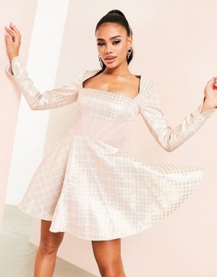 ASOS LUXE square neck corsetted mini skater dress in pink check jacquard - ASOS Price Checker