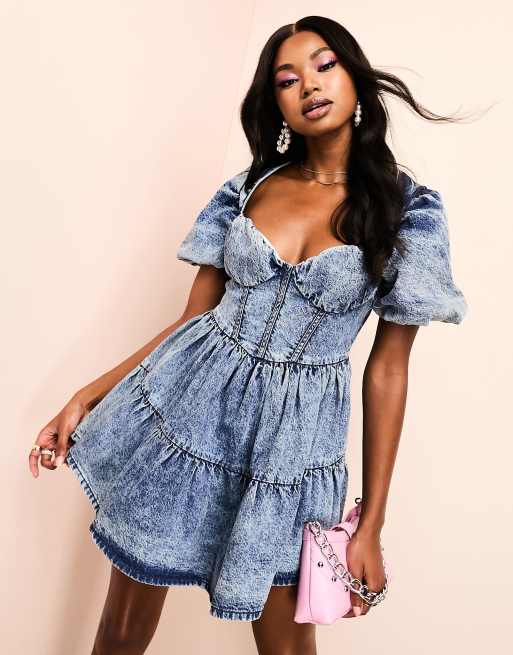 ASOS LUXE Robe patineuse courte en jean avec d tail corset et