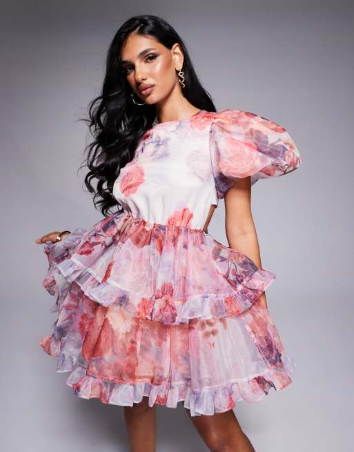 ASOS LUXE Robe patineuse courte en organza a manches bouffantes et detail laces Imprime fleurs