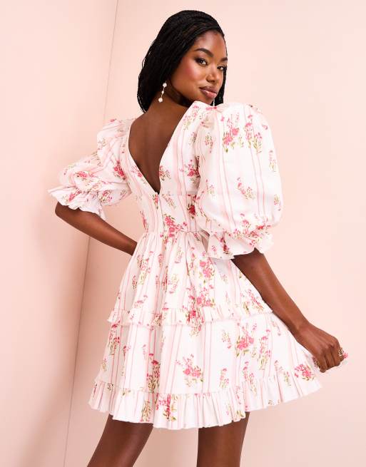 ASOS LUXE Robe patineuse courte en popeline de coton a manches bouffantes Blanc fleuri ASOS