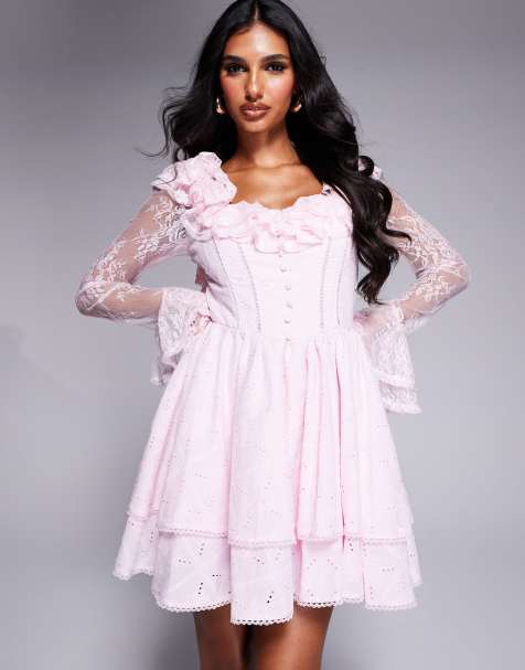 ASOS LUXE - Robe patineuse courte style corset avec broderie anglaise et manches en dentelle - Rose - view 1
