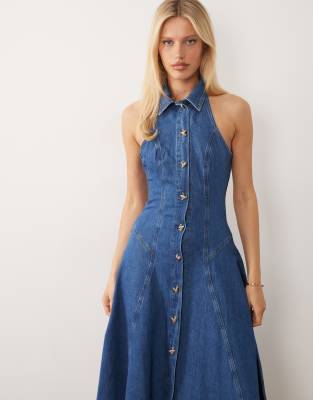 Robe plissée mi-longue en denim avec boutons caur - Bleu moyen délavé 44