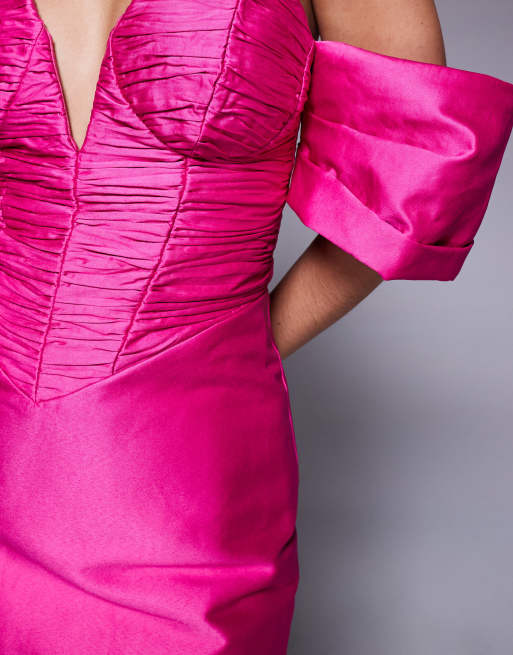 ASOS LUXE - Robe structurée courte en satin avec corsage froncé et décolleté en cœur - Rose, 2 de 4