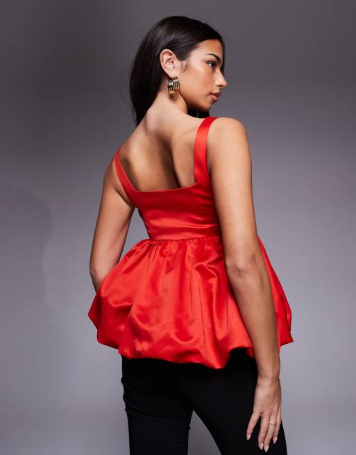 ASOS LUXE – Röd topp i satin, peplum- och ballongmodell, 3 av 4