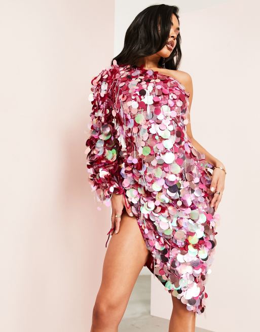 ASOS LUXE – Rosa, enaxlad, asymmetrisk miniklänning med regnbågsskimrande paljetter, 4 av 4