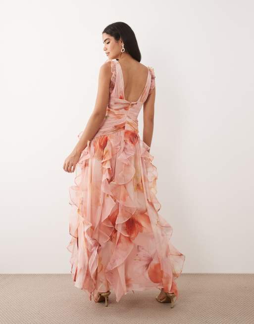ASOS LUXE – Rosa, fruktmönstrad maxiklänning med rysch och vattenfallsdetalj, 2 av 4
