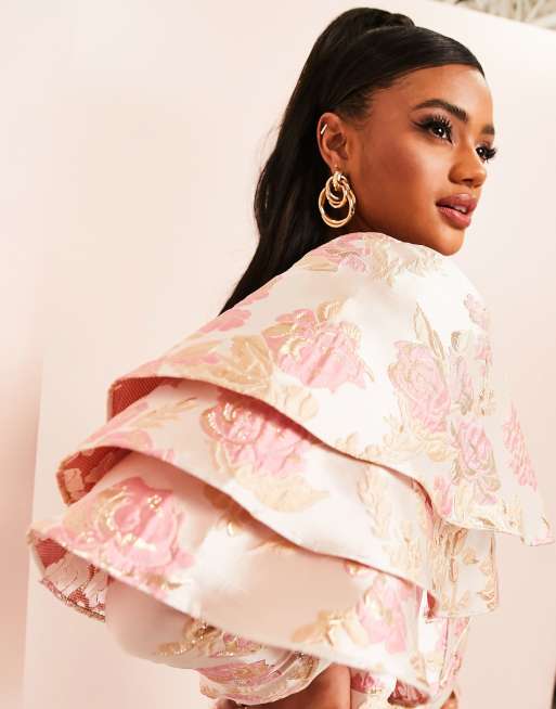 ASOS LUXE – Rosa miniklänning i jacquard med tre volanger vid axlarna, 3 av 4