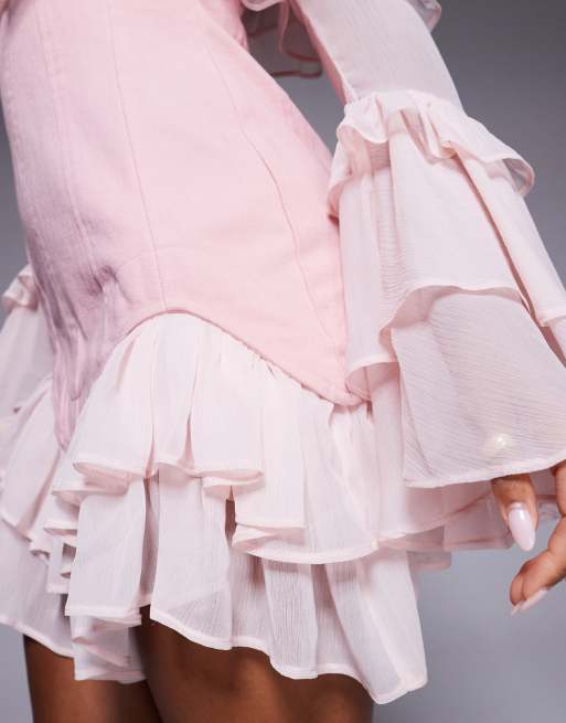 ASOS LUXE – Rosa miniklänning med denimkorsett och ärmar och fåll i chiffong, 3 av 4