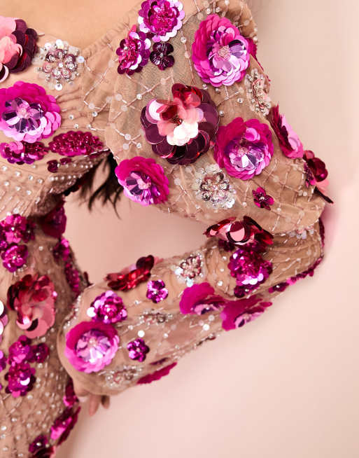 ASOS LUXE – Rosa miniklänning med puffärmar och blomutsmyckning med 3D-effekt, 3 av 4