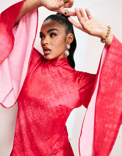 ASOS LUXE – Rosa ormskinnsmönstrad vippig klänning med öppen rygg och utställda ärmar, 3 av 4