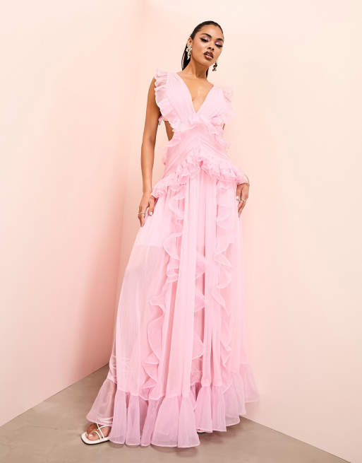 ASOS LUXE – Rosa, urringad maxiklänning i ryschad chiffong och öppen rygg, 2 av 4