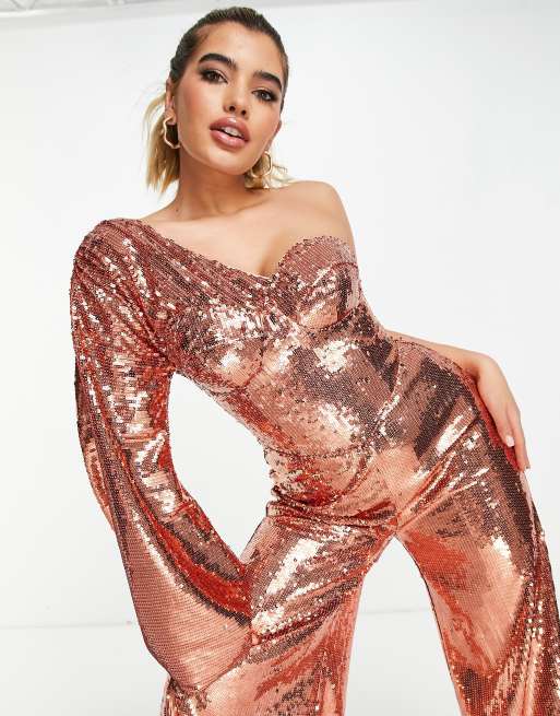 ASOS LUXE – Roséguldfärgad jumpsuit med paljetter, extrem ärm och fransig nederkant, 3 av 4