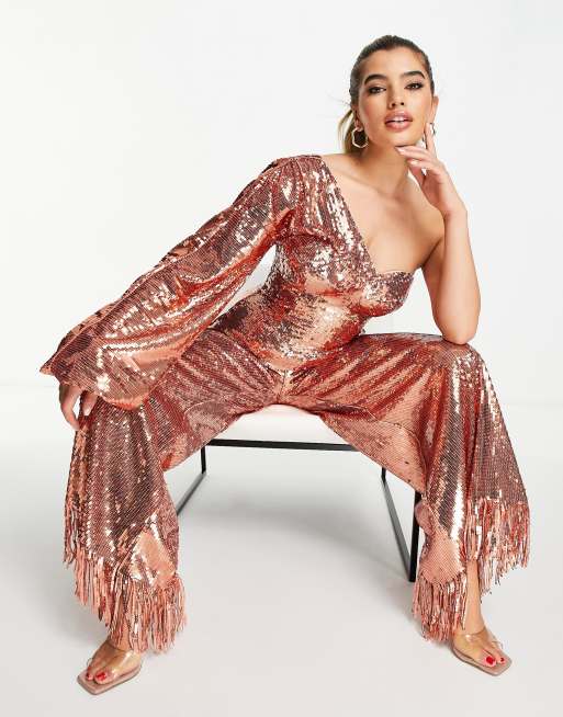 ASOS LUXE – Roséguldfärgad jumpsuit med paljetter, extrem ärm och fransig nederkant, 4 av 4