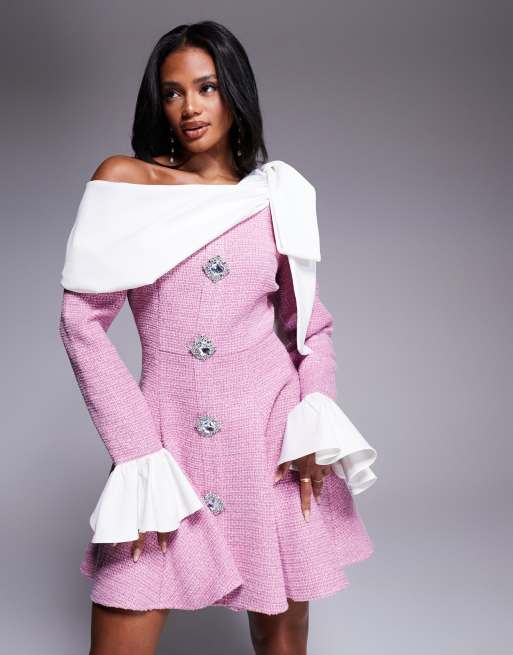 ASOS Luxe – Różowa sukienka mini z materiału boucle i popeliny ze zdobionymi guzikami