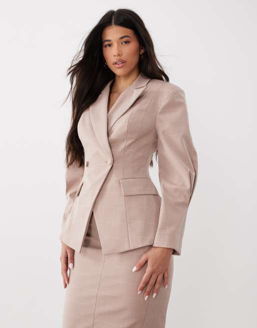 ASOS Luxe – Różowy zestaw w kratę: zbierana marynarka i ołówkowa spódnica midi, 2 z 3