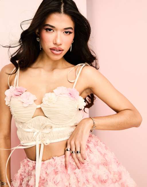 ASOS LUXE ruched 3D floral tie shoulder bralet in pink (part of a set)