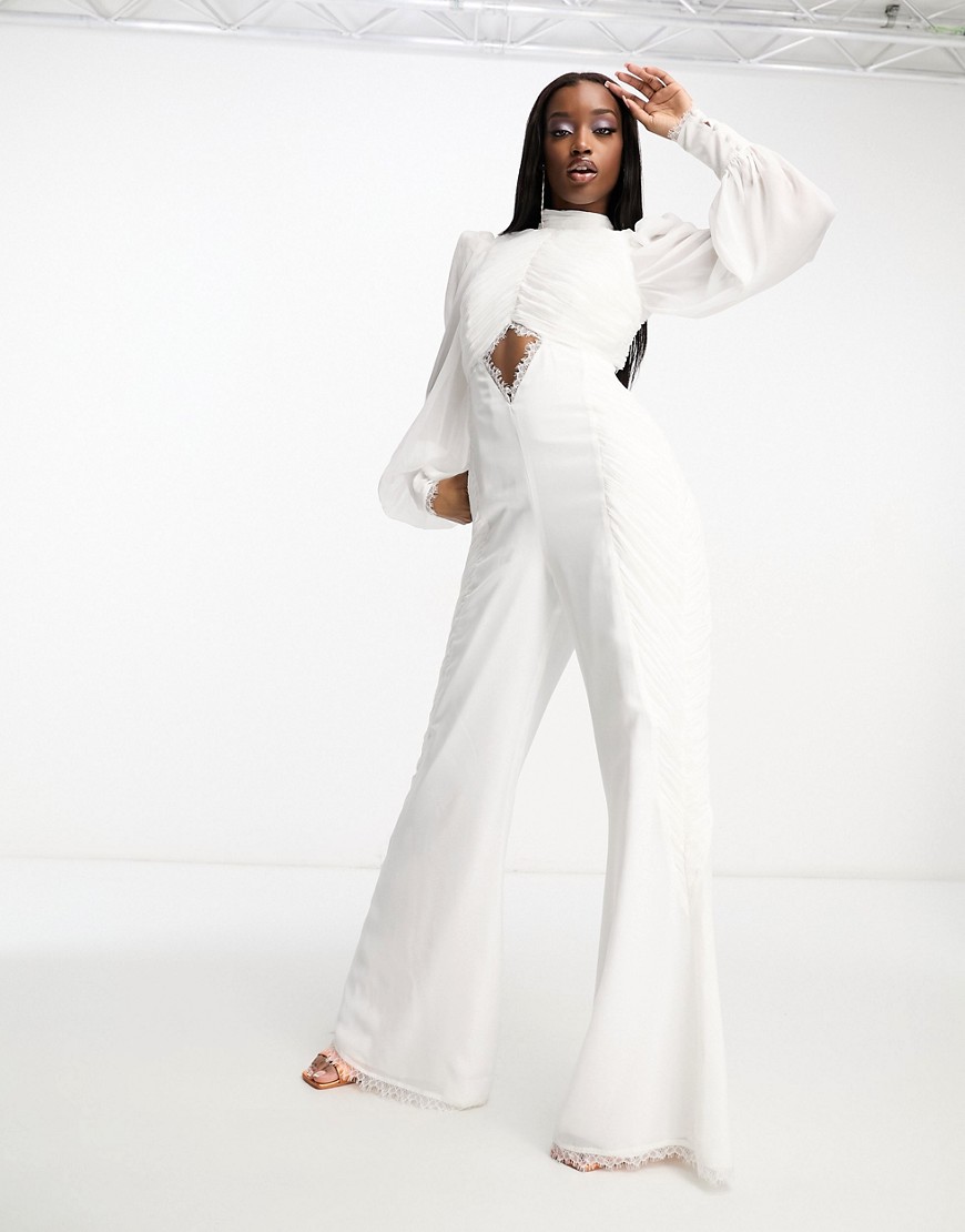 ASOS LUXE ruched chiffon jumpsuit with blouson sleeve and lace detail in white