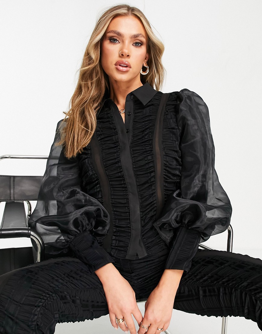 ASOS LUXE ruched chiffon shirt in black - part of a set
