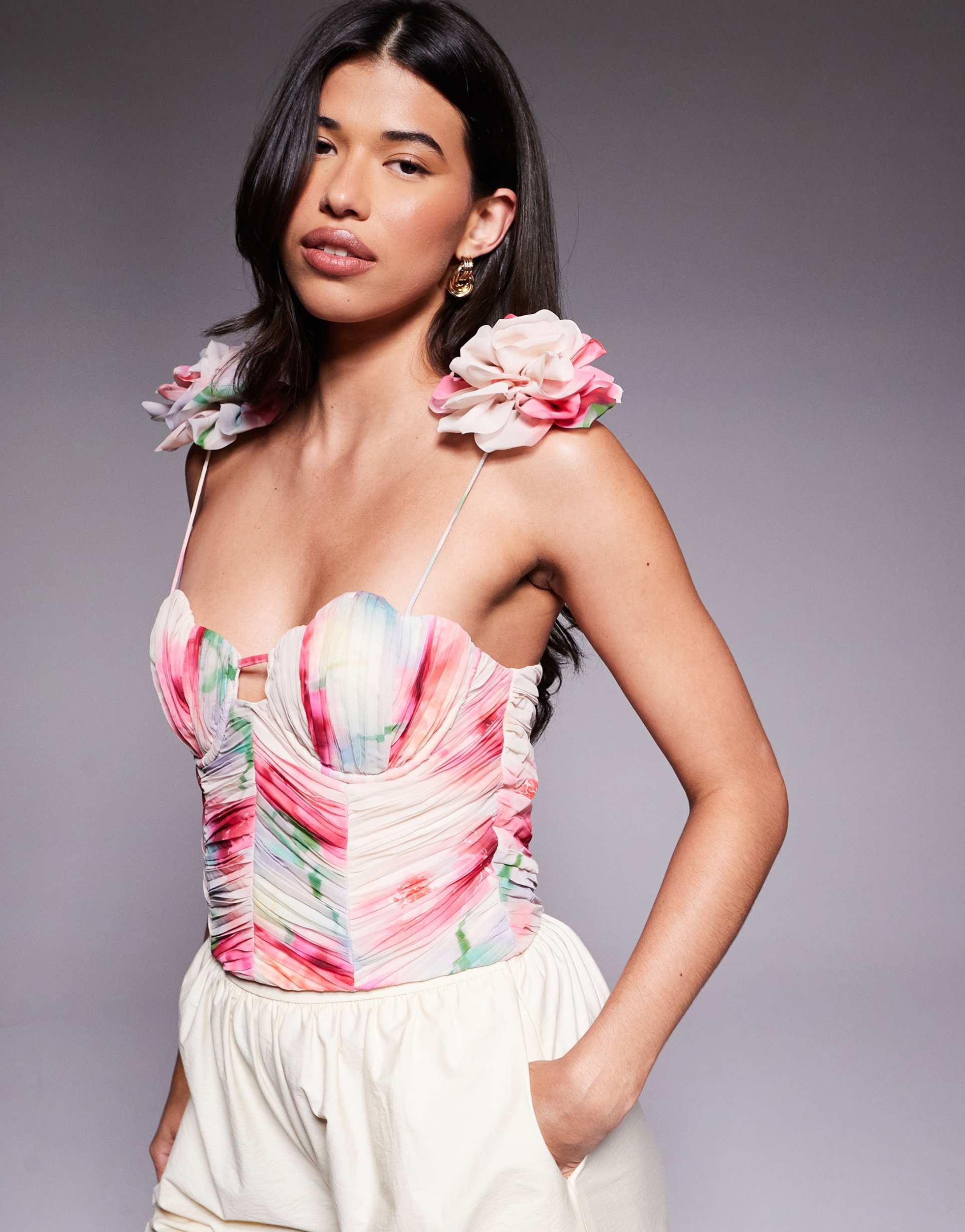 asos luxe ruched corset top with flower strap detail in blurred floral
