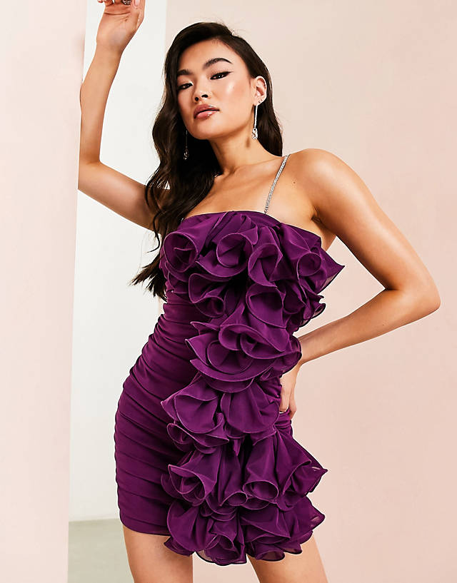 ASOS LUXE - ruched exaggerated frill side mini dress with diamante straps in purple